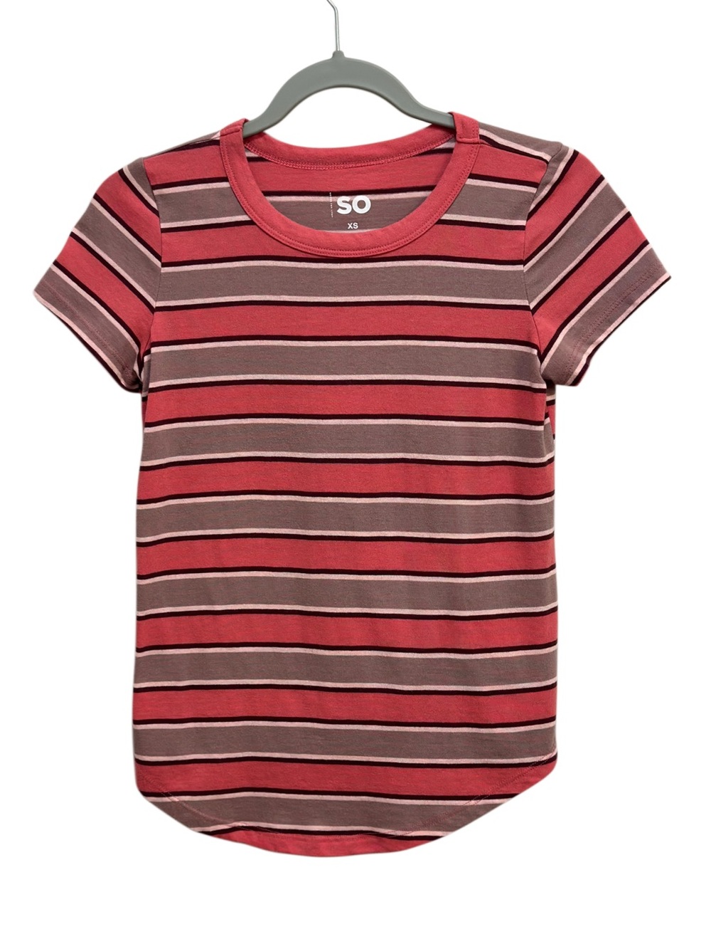 SO Retro Multi Striped Curved Hem Crew Neck Tee in Pink & Purple